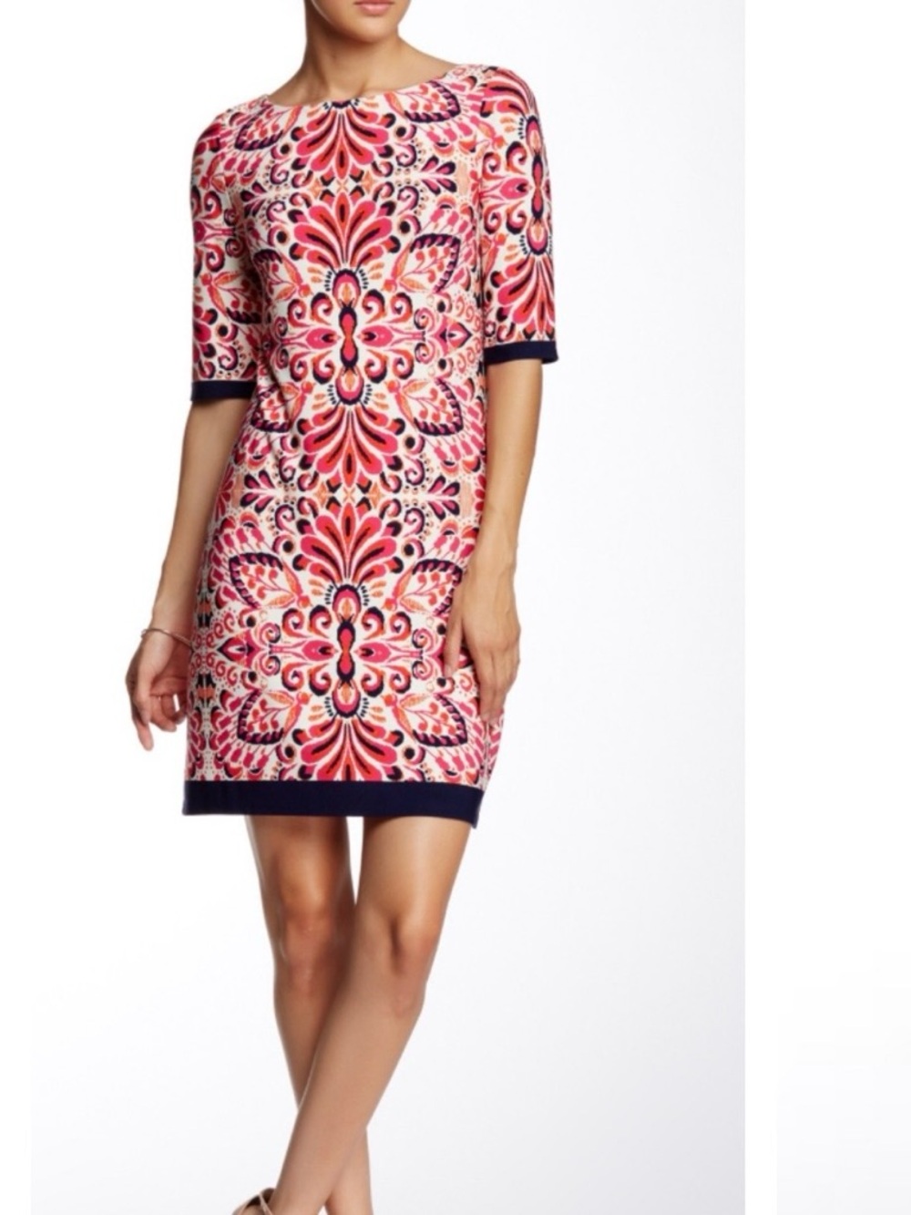 Floral Shift Dress pink Navy Trim Eliza J Sz 0